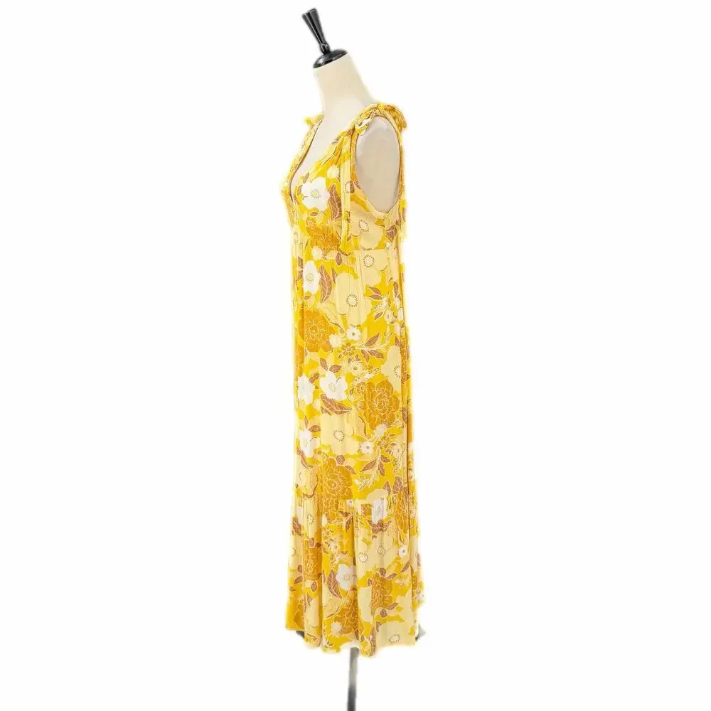Abercrombie & Fitch Bright Yellow Crepe Tie Shoulder V-neck Flowing Maxi Dress